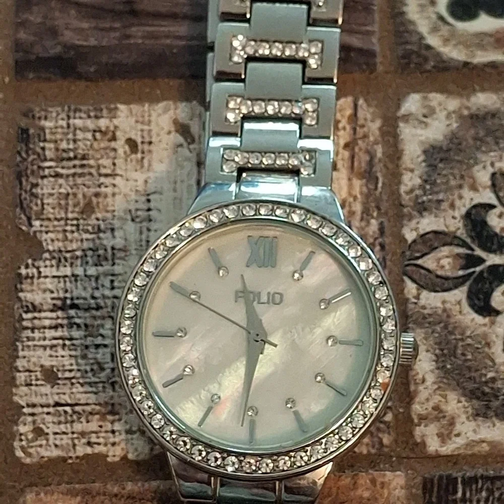 Two Womens Rhinestone Encrusted Silvertone 34mm Watches. Pre-Owned.